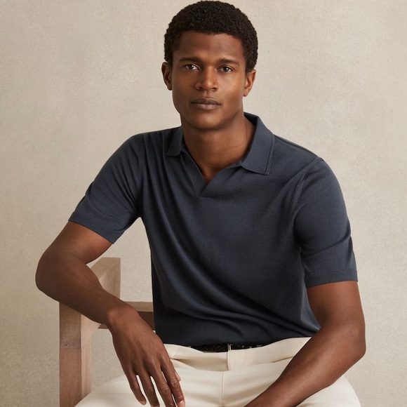REISS Duchie Merino Wool Open-Collar Polo Shirt - Picture 1 of 9